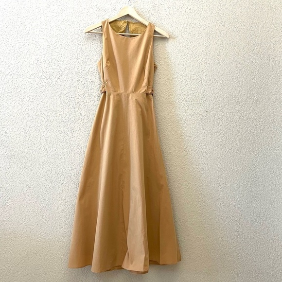 Karen Millen Dress Polished Cotton Cutout Midi Sleeveless Chic Tan Neutral NWT 4 - Picture 4 of 16